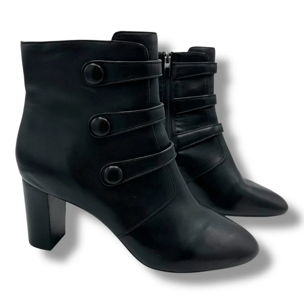 Clarks Black Leather Ankle Boots Women's Sz 10 Side Zip Buckle Detail Block Heel